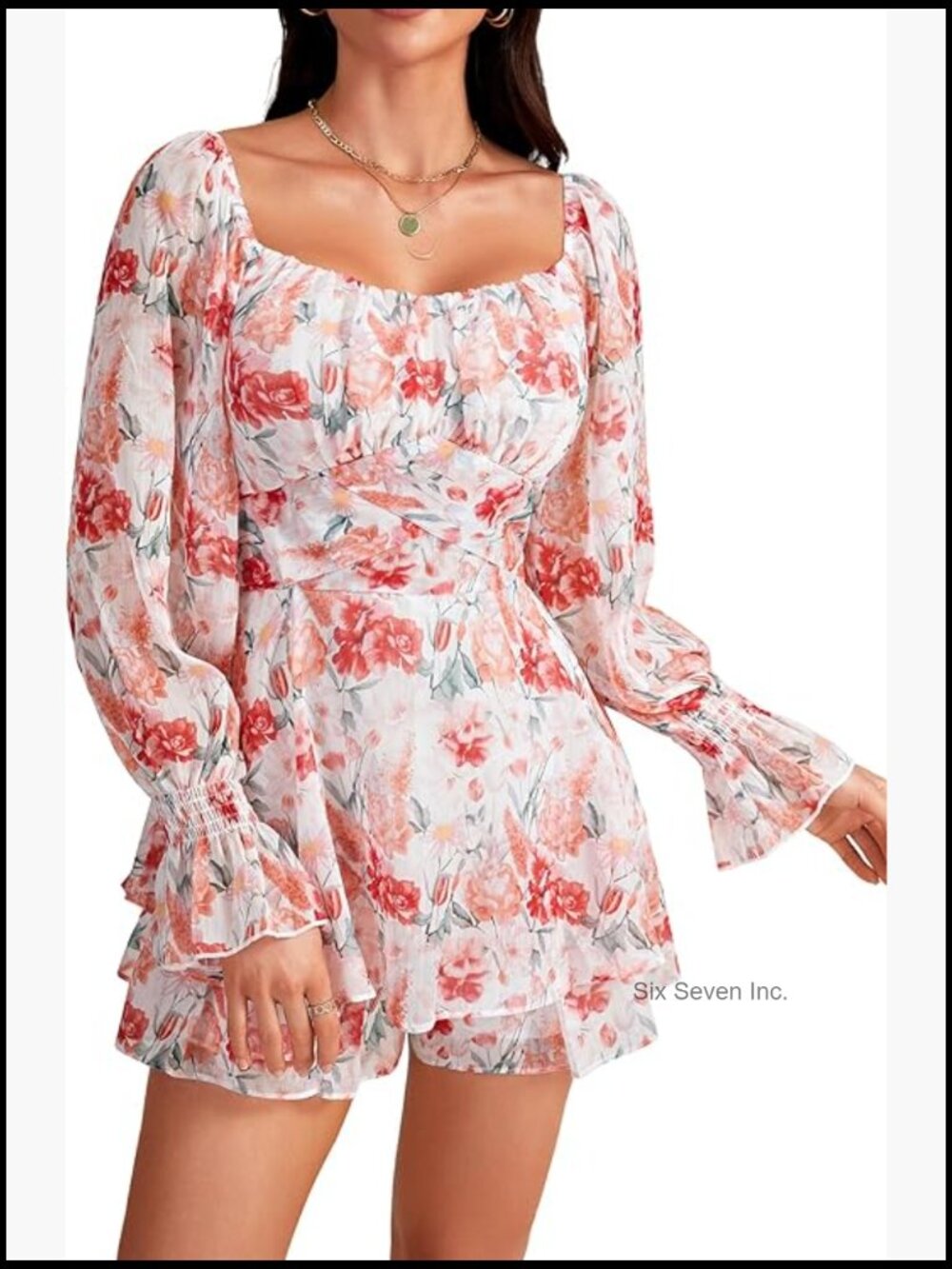 Floral Print Off Shoulder Long Sleeve Ruffle Hem Romper Jumpsuit